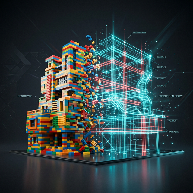 LEGO structure transforming into technical blueprint